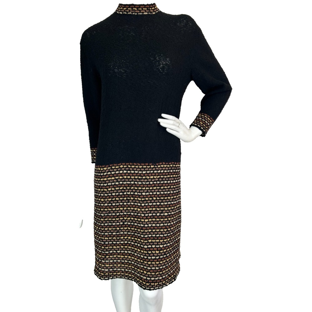 Vintage Knit Mock Neck Midi DropWaist Dress MED Pattern Skirt Semi Sheer Boho